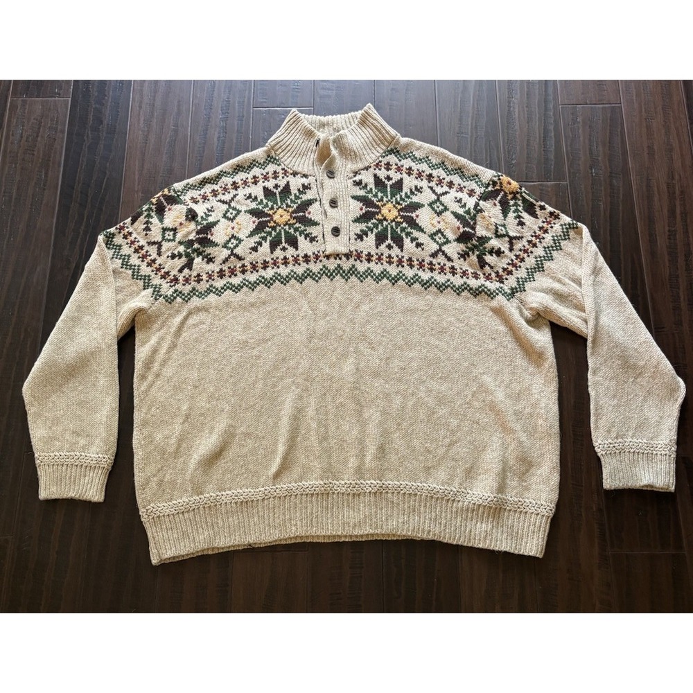 Polo Ralph Lauren Sweater Mens 5XB Snowflake Preppy Green Beige 1/4 Button READ
